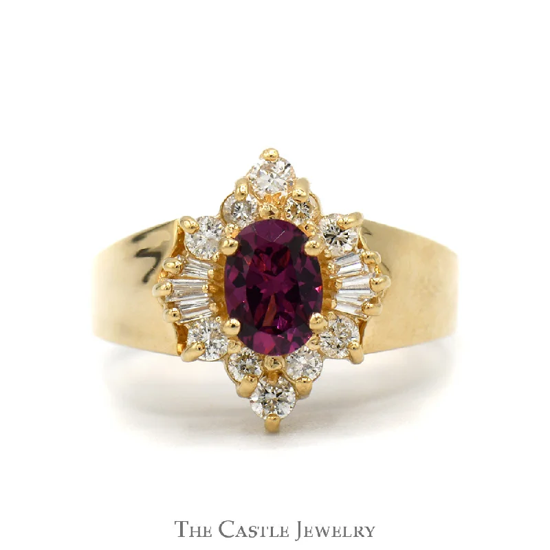 ladies rings trendy 2025 fashion -Oval Cut Rhodalite Garnet Ring with Baguette and Round Diamond Halo in 14k Yellow Gold