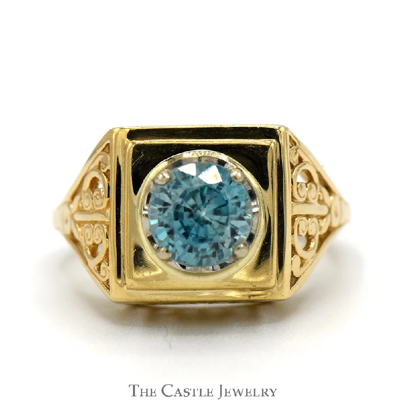 ladies rings for mother gift -Round Topaz Ring with Open Scroll Designed Sides in 14k Yellow Gold