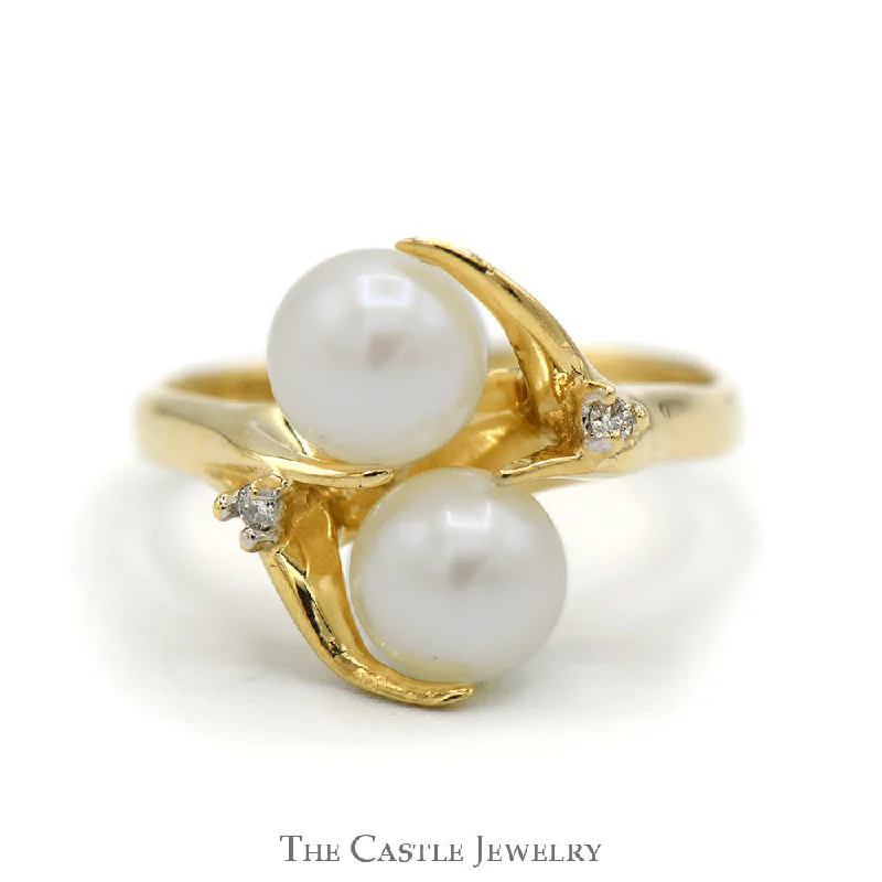 ladies rings for everyday wear -Double Pearl Ring with Diamond Accents in 14k Yellow Gold Vine Designed Mounting