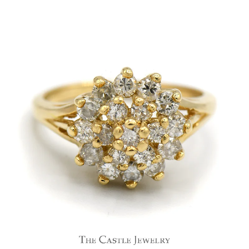 ladies rings with engraving detail -.85cttw Round Diamond Cocktail Cluster Ring in 14k Yellow Gold Split Shank Setting