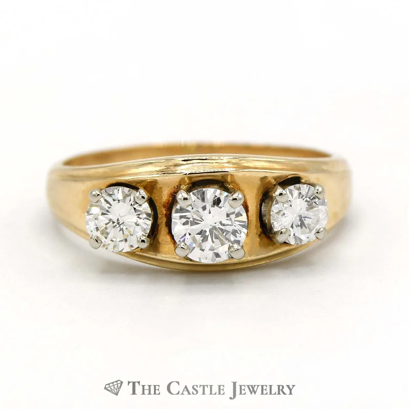 ladies rings for engagement proposal -Concave Style 1cttw Three Diamond Ring with Ridged Edges Crafted 14K Yellow Gold