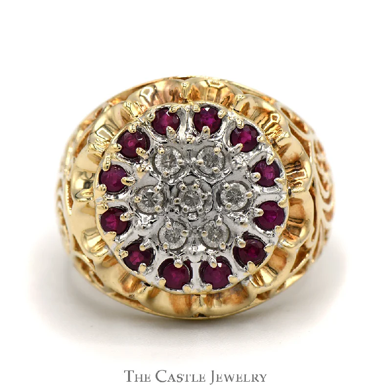 ladies rings modern sleek style -Ruby & Diamond 19 Stone Kentucky Cluster Ring with Open Filigree Sides in 10k Yellow Gold