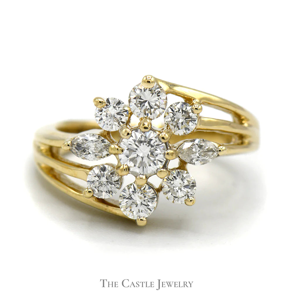 ladies rings with gemstone sparkle -Flower Shaped 1.25cttw Diamond Cluster Ring in 14k Yellow Gold Split Shank Setting