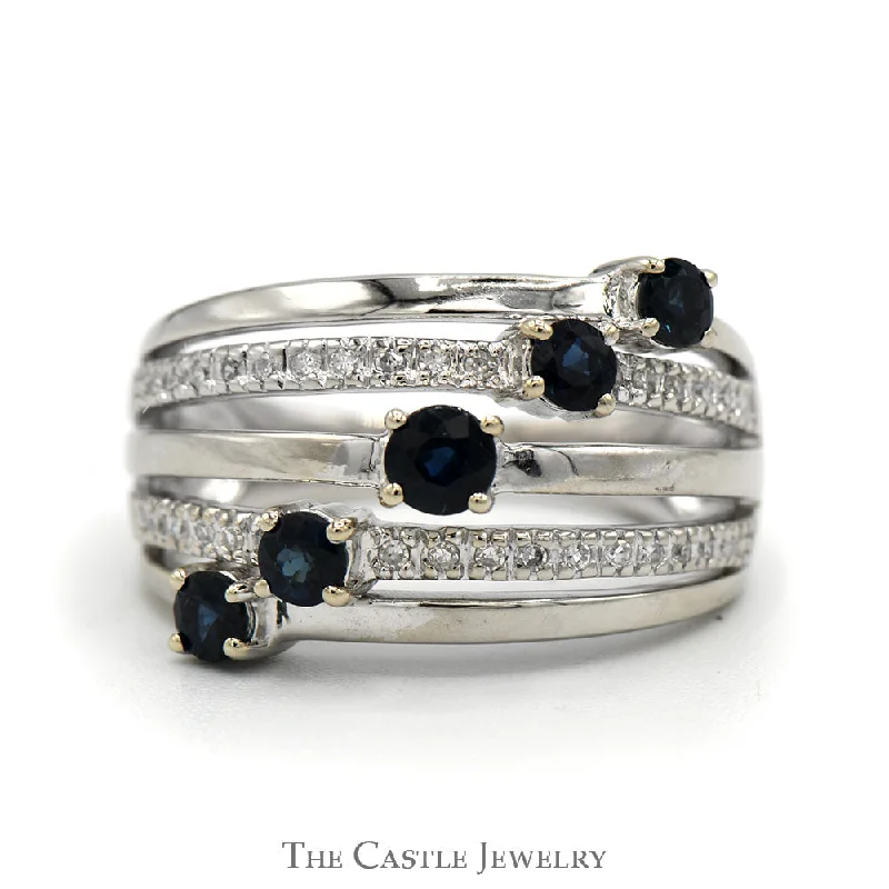 ladies rings for anniversary celebration -5 Round Sapphire Ring with Open Diamond Accented Rows in 14k White Gold