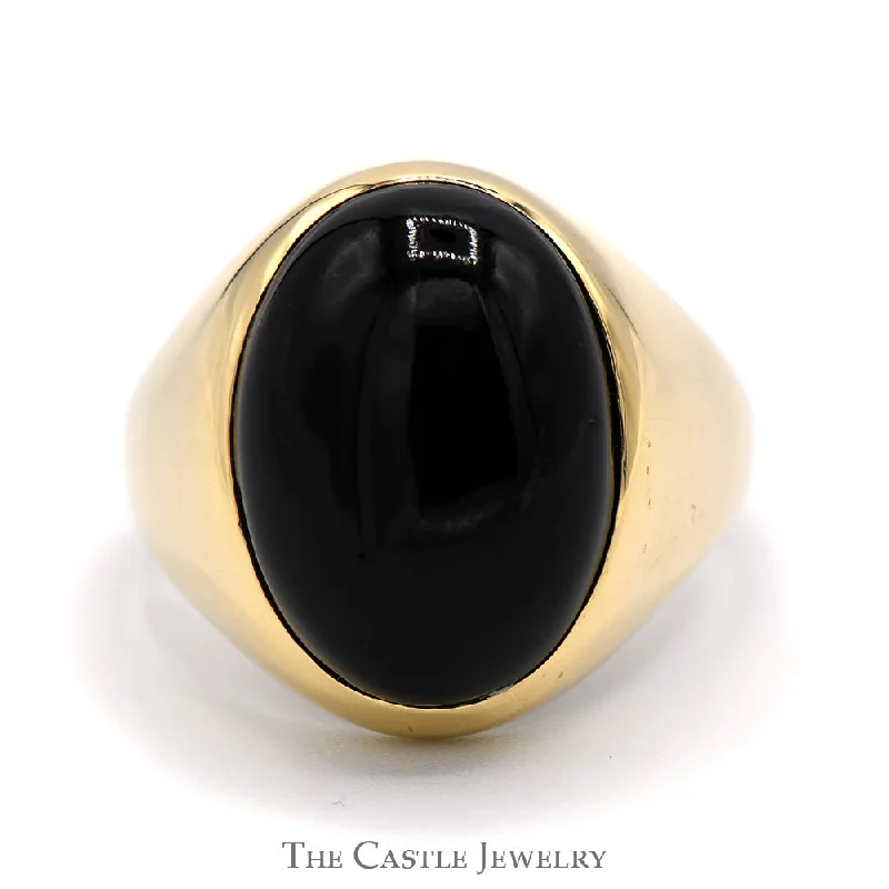 ladies rings delicate thin band -Oval Cabochon Black Onyx Dome Ring in 14k Yellow Gold