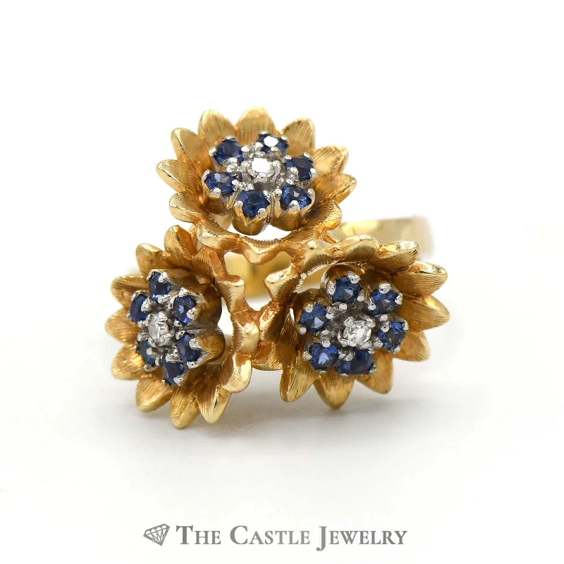 ladies rings with diamond accent -Triple Flower Sapphire & Diamond Cluster Ring in 14K Yellow Gold