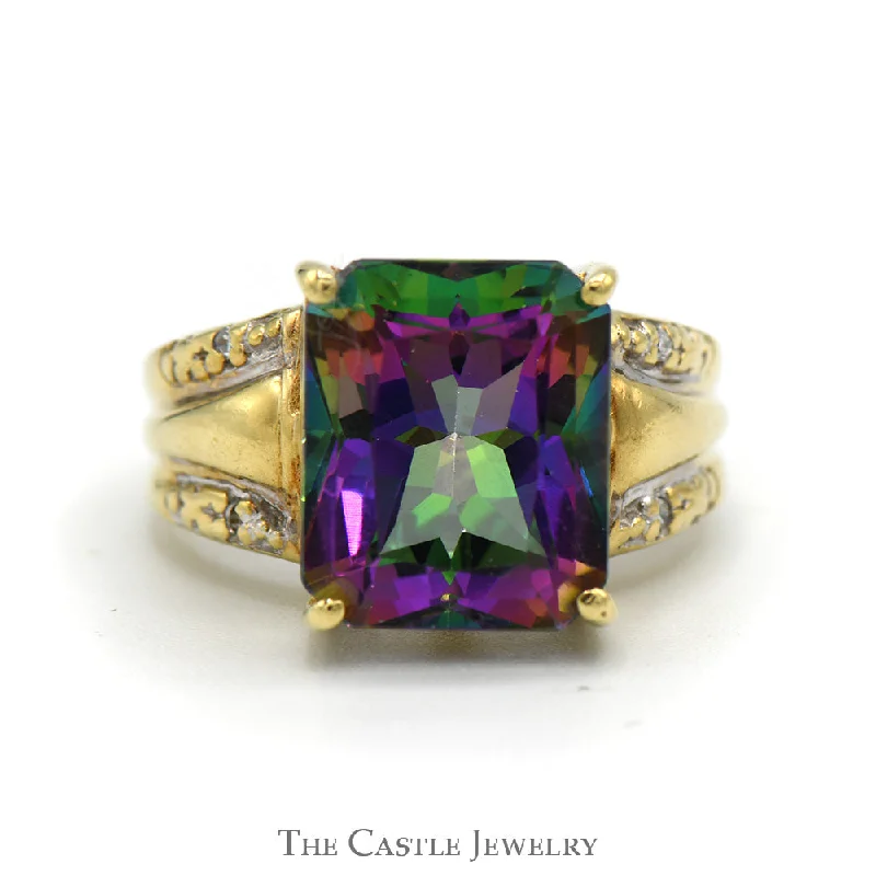 ladies rings sleek modern look -Emerald Cut Mystic Topaz Ring with Diamond Accented Sides in 10k Yellow Gold