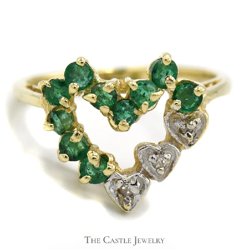 ladies rings with engraving detail -Open Heart Shaped Emerald and Diamond Cluster Ring in 10k Yellow Gold