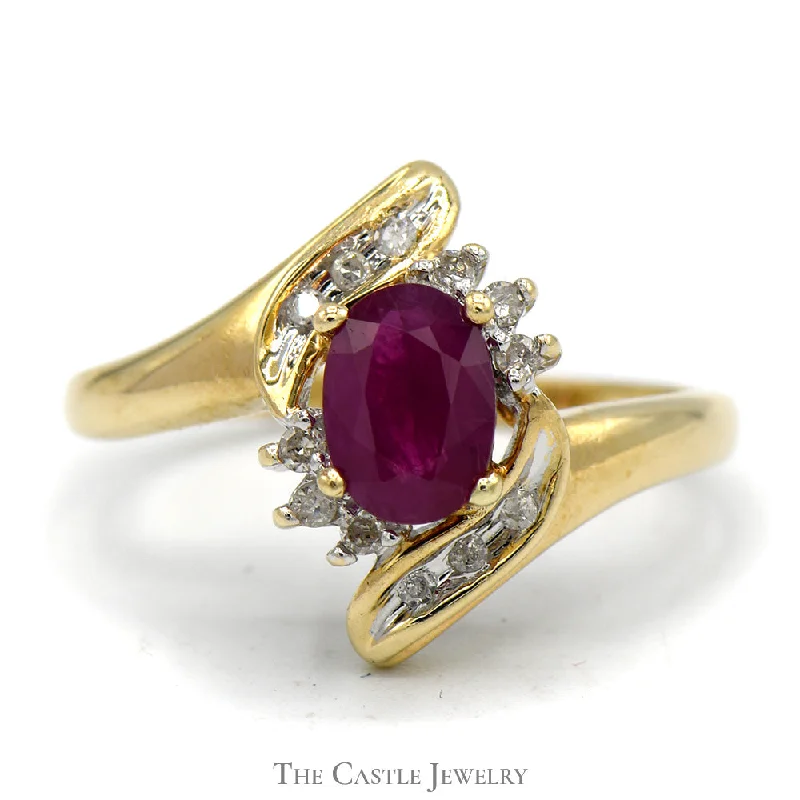 ladies rings timeless classic style -Oval Ruby Bypass Ring with Diamond Accent in 10k Yellow Gold