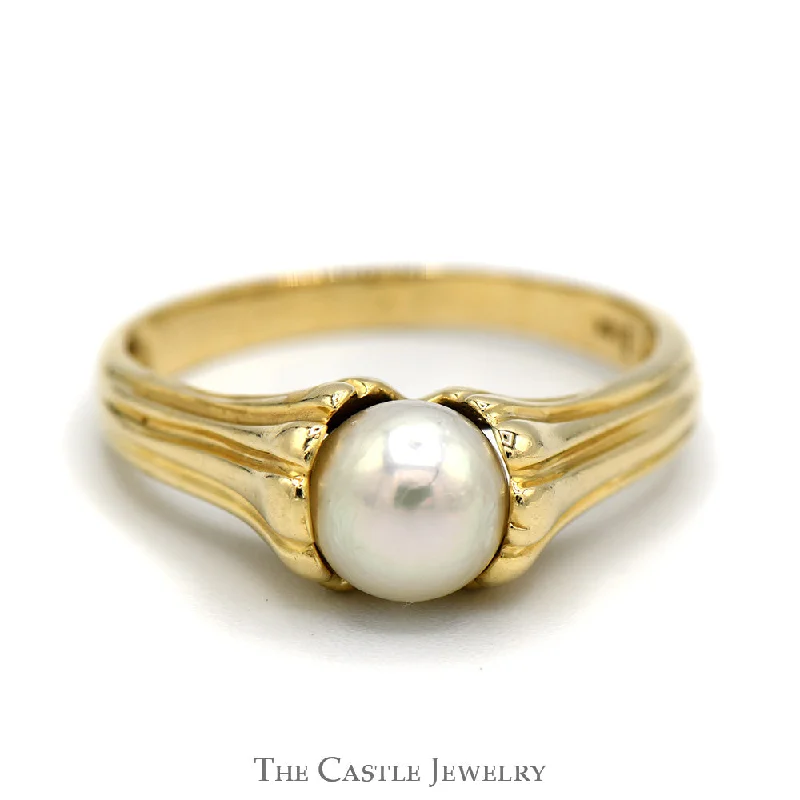 ladies rings with sapphire blue -6.5mm Pearl Solitaire Ring with Grooved Design Sides in 14k Yellow Gold