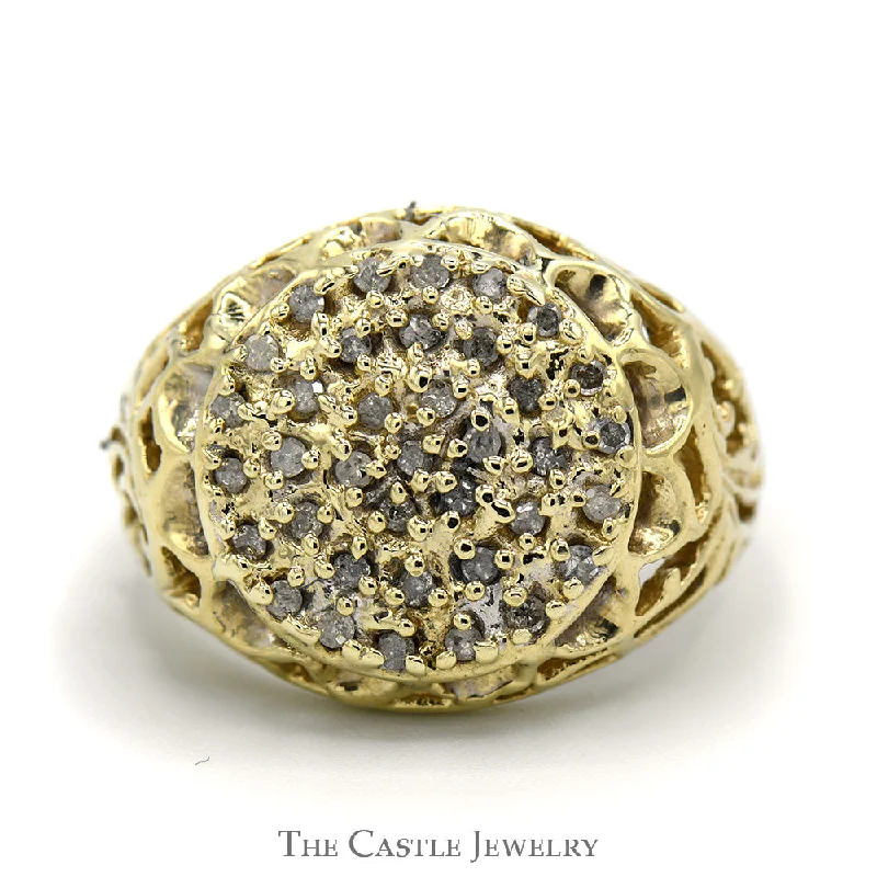 ladies rings with diamond accent -3/4cttw Diamond Kentucky Cluster Ring in 10k Yellow Gold with Open Filigree Sides