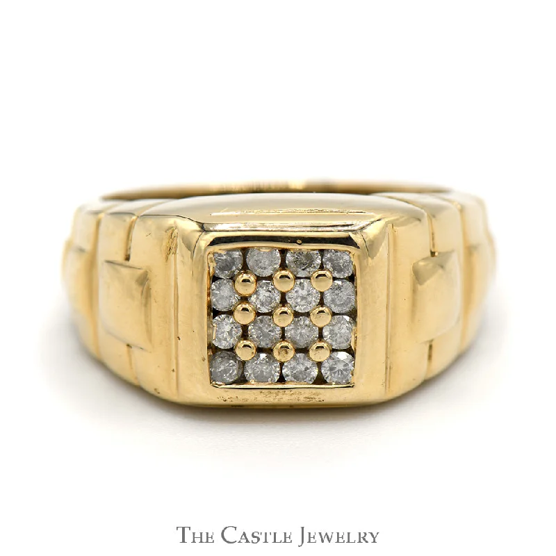 ladies rings with aquamarine gem -Men's Square Shaped Diamond Cluster Ring in 10k Yellow Gold