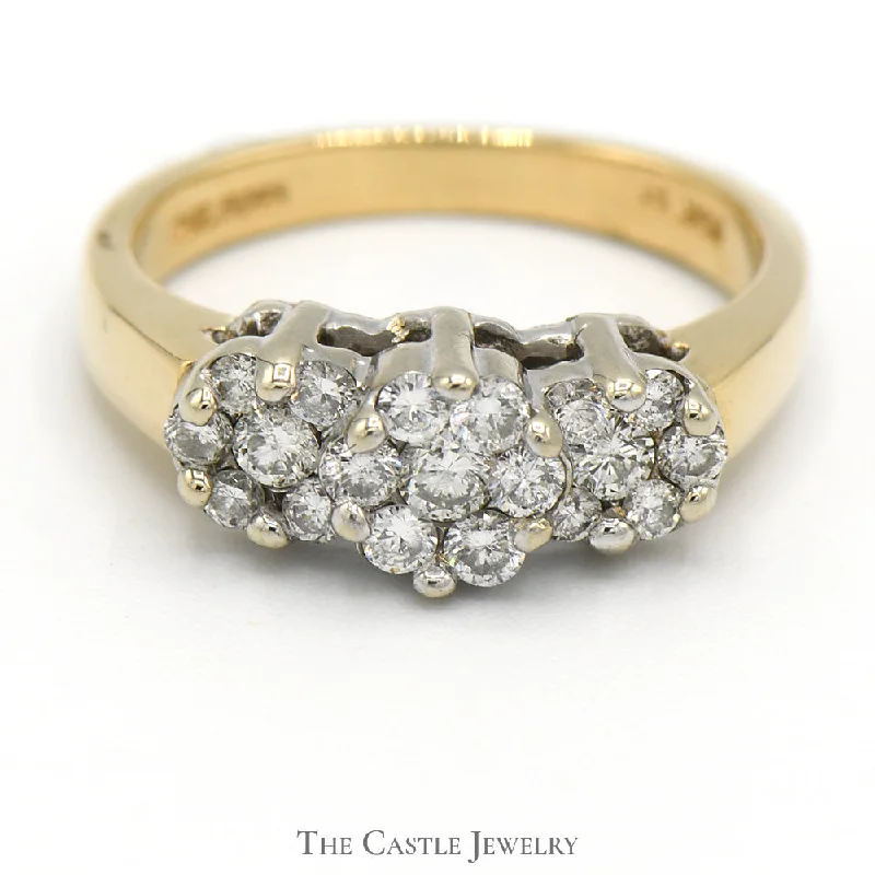 ladies rings delicate thin band -1/2cttw Triple Round Flower Cluster Ring in 14k Yellow Gold