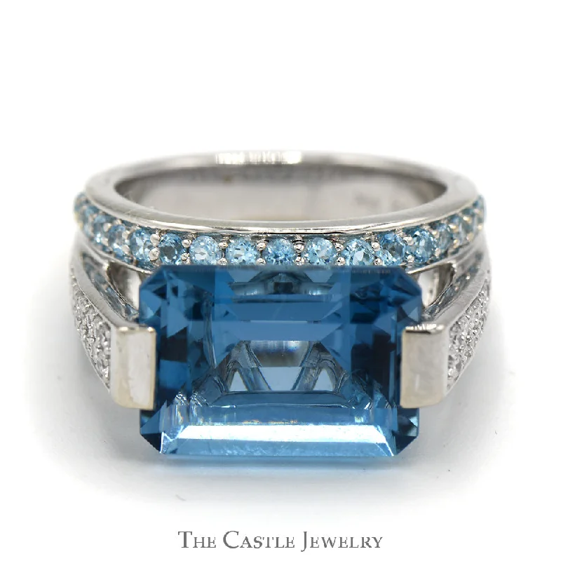 ladies rings with green emerald -Emerald Cut Blue Topaz Ring with Blue Topaz and Diamond Cluster Accents in 14k White Gold