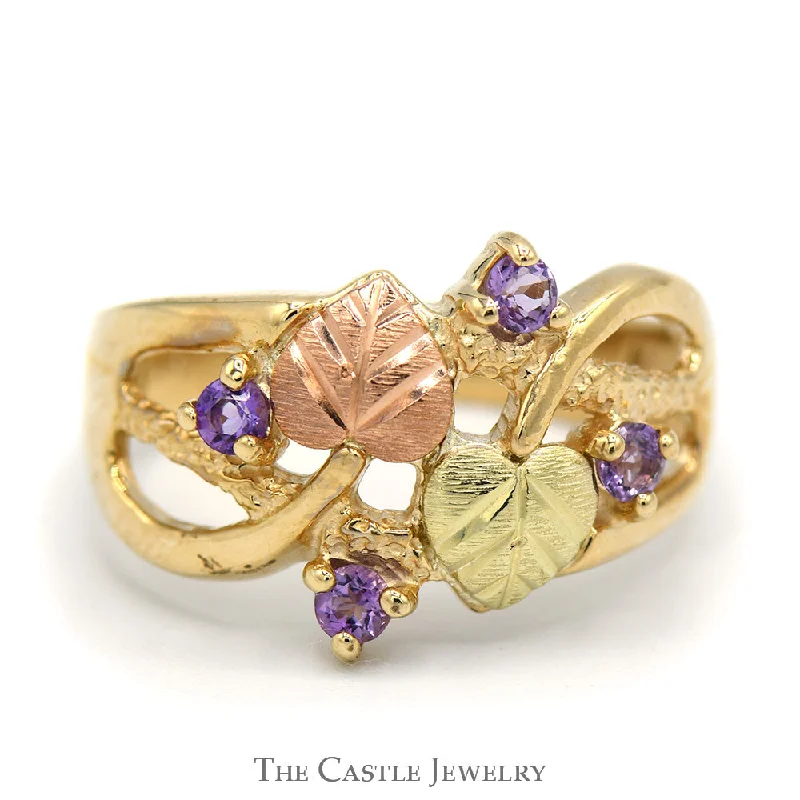 ladies rings for evening glamour -Two Tone Leaf Designed Ring with Amethyst Accents in 10k Yellow and Rose Gold