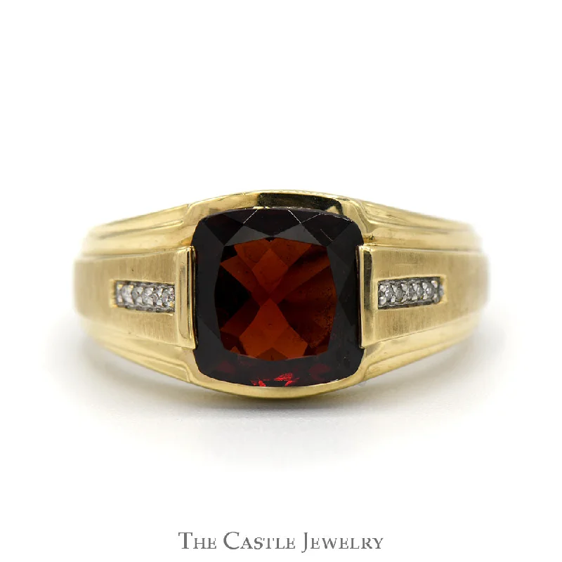 ladies rings luxury brand name -Cushion Cut Garnet Ring with Illusion Set Diamond Accents in 10k Yellow Gold