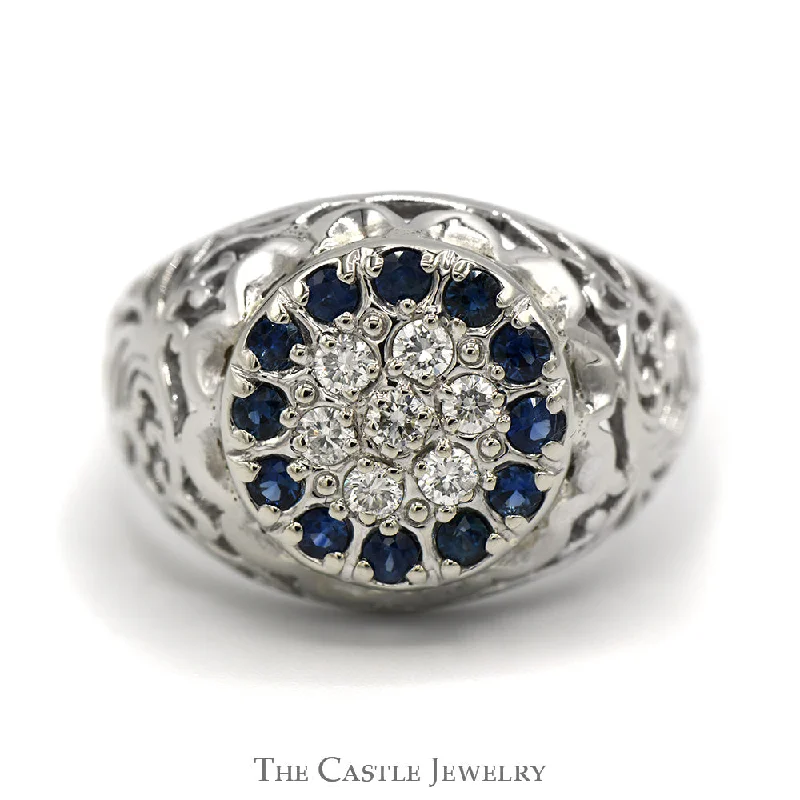 ladies rings bold fashion statement -Sapphire & Diamond Kentucky Cluster Ring with Open Filigree Sides in 10k White Gold