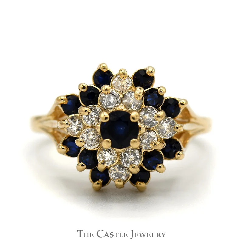 ladies rings with opal glow -Vintage Style Sapphire & Diamond Cluster Ring in 14k Yellow Gold