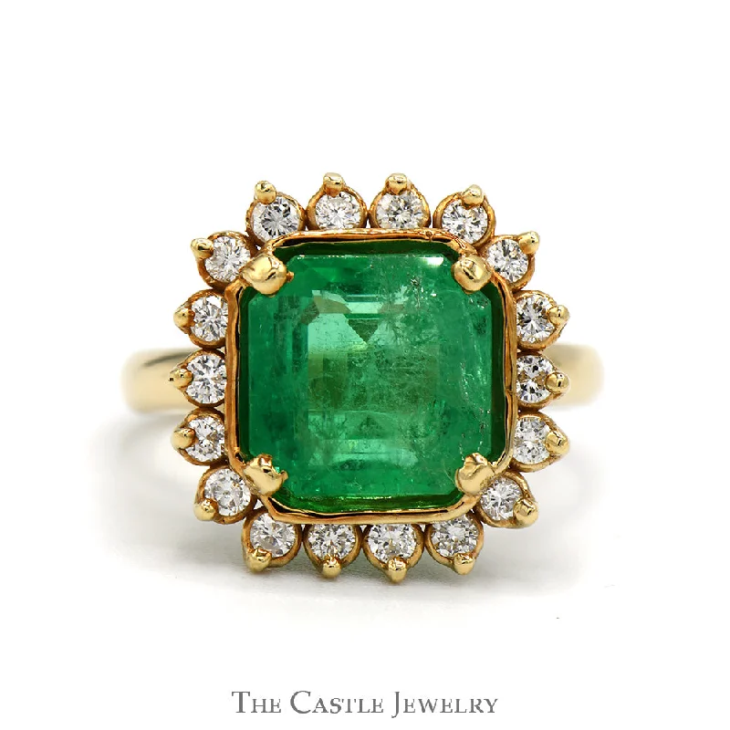 ladies rings floral pattern charm -Large Cushion Cut Emerald Ring with Diamond Halo in 14k Yellow Gold