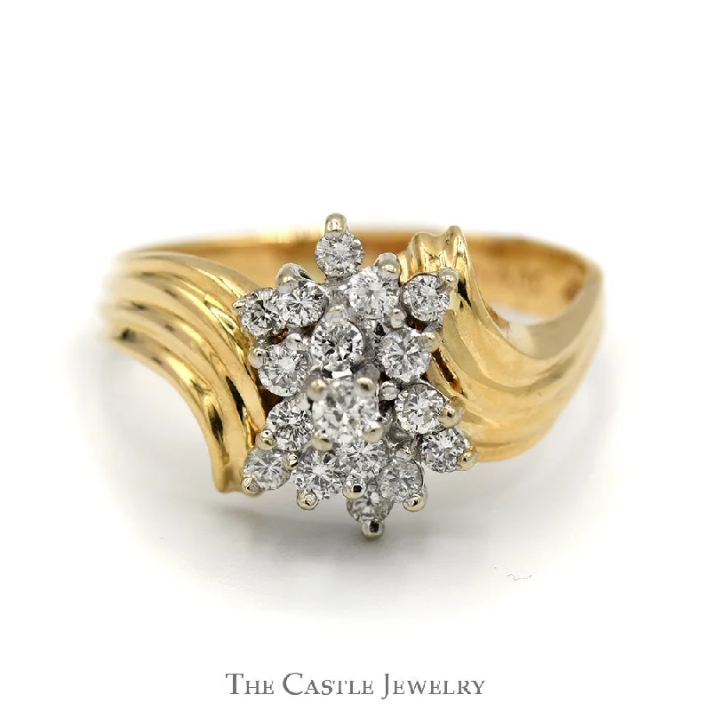 ladies rings infinity symbol design -1/2cttw Cocktail Diamond Cluster Ring in 14k Yellow Gold Ridged Bypass Mounting