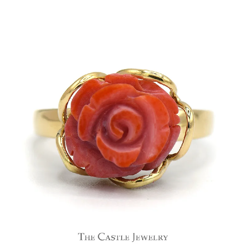 ladies rings geometric unique shape -Carved Coral Rose Ring in 14k Yellow Gold