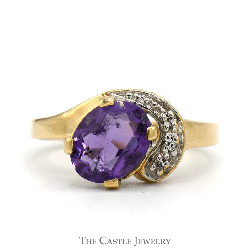 ladies rings with gemstone sparkle -Oval Cut Amethyst Ring with Diamond Accented Swirled Design in 14k Yellow Gold