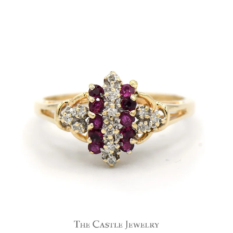 ladies rings adjustable size fit -Tapered Ruby and Diamond Cluster Ring in 14k Yellow Gold