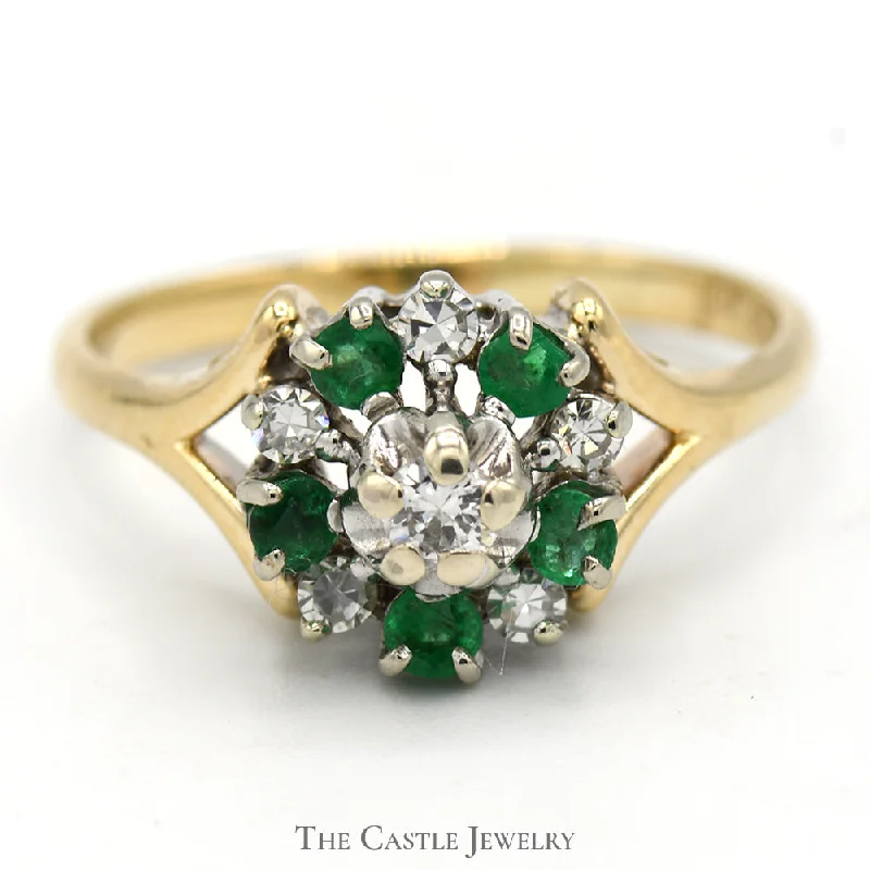 ladies rings for office style -Round Shaped Emerald and Diamond Cluster Ring in 14k Yellow Gold