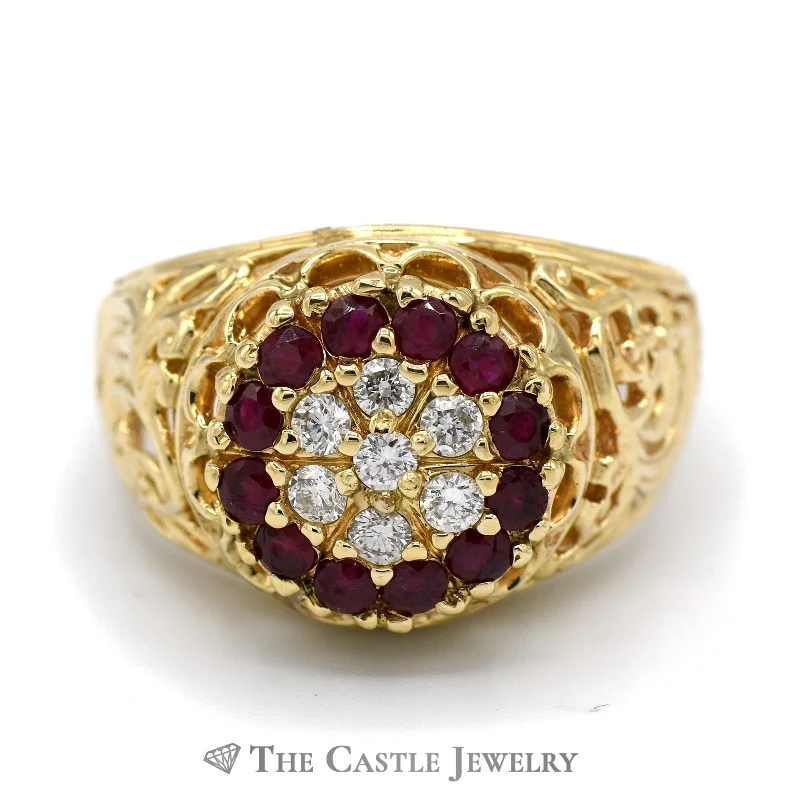 ladies rings bold fashion statement -Ruby and Diamond Kentucky Cluster Ring in 14k Yellow Gold