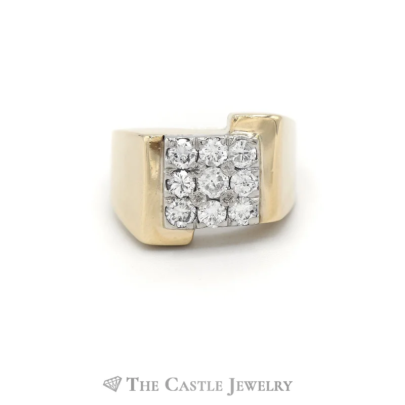 ladies rings modern sleek style -1CTTW Square Diamond Cluster Gent's Ring in 14KT Yellow Gold