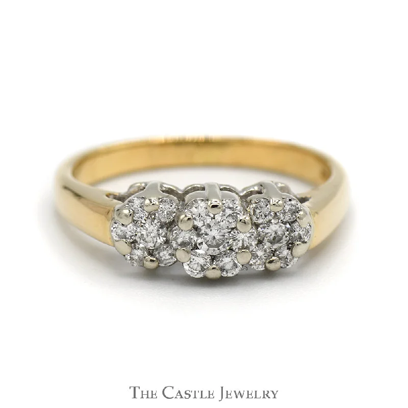 ladies rings modern sleek style -1/2cttw Triple Diamond Flower Cluster Ring in 14k Yellow Gold