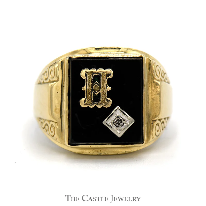 ladies rings with white pearls -Gent's H Initial Ring With Inlay Black Onyx And .01 CT Diamond In 10KT Yellow Gold