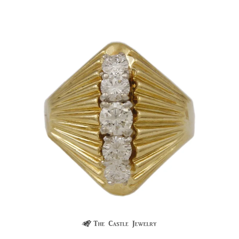 ladies rings two tone metal -Domed Marquise Shaped .65cttw 5 Round Diamond Ring 18k Yellow Gold