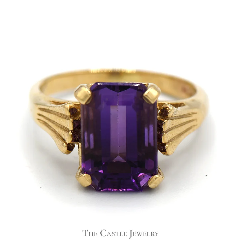 ladies rings for mother gift -Emerald Cut Amethyst Ring with Fanned Sides in 14k Yellow Gold