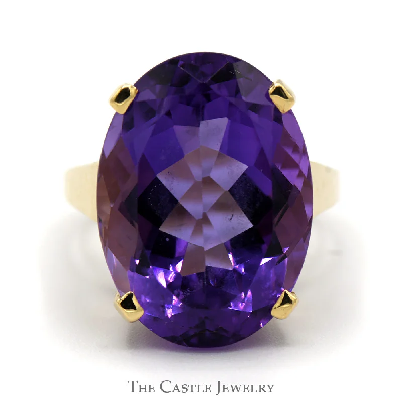 ladies rings two tone metal -Large Oval Amethyst Solitaire Ring in Polished 10k Yellow Gold