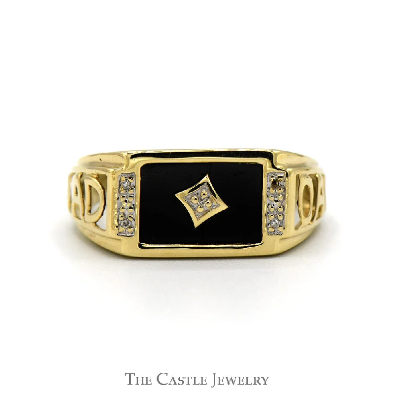 ladies rings with pearl accent -Rectangle Shaped Black Onyx "DAD" ring with Diamond Accents in 10k Yellow Gold