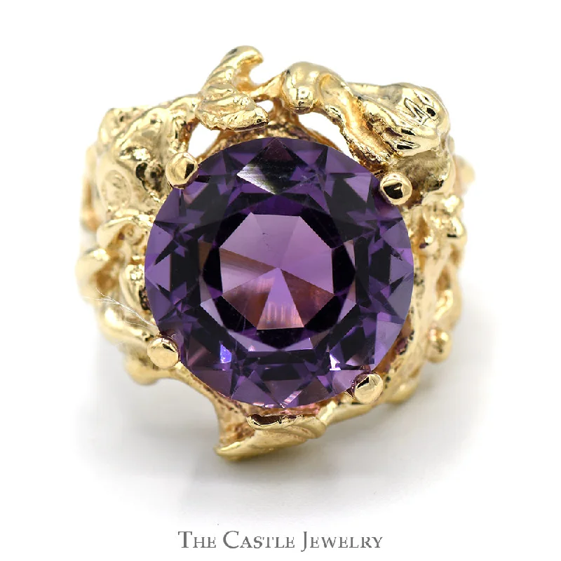 ladies rings elegant gold tone -Large Round Amethyst Ring with Vine & Fish Design in 14k Yellow Gold