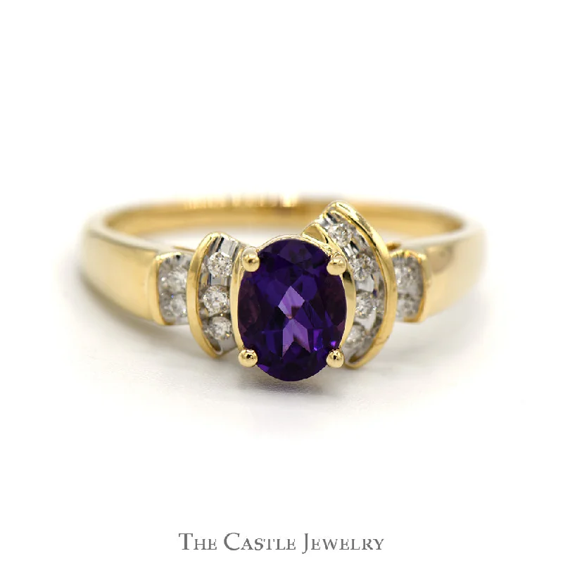 ladies rings affordable luxury price -Oval Amethyst Ring with Channel Set Diamond Accents in 14k Yellow Gold Vintage Mounting