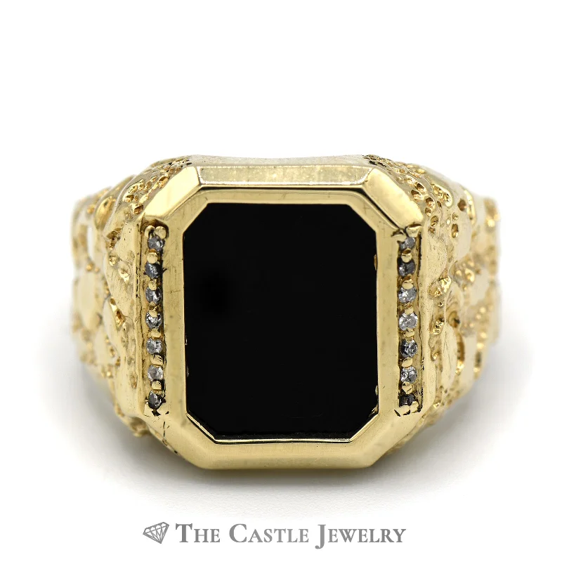 ladies rings for mother gift -Emerald Cut Black Onyx Ring with Diamond Accents in 10k Yellow Gold Nugget Mounting