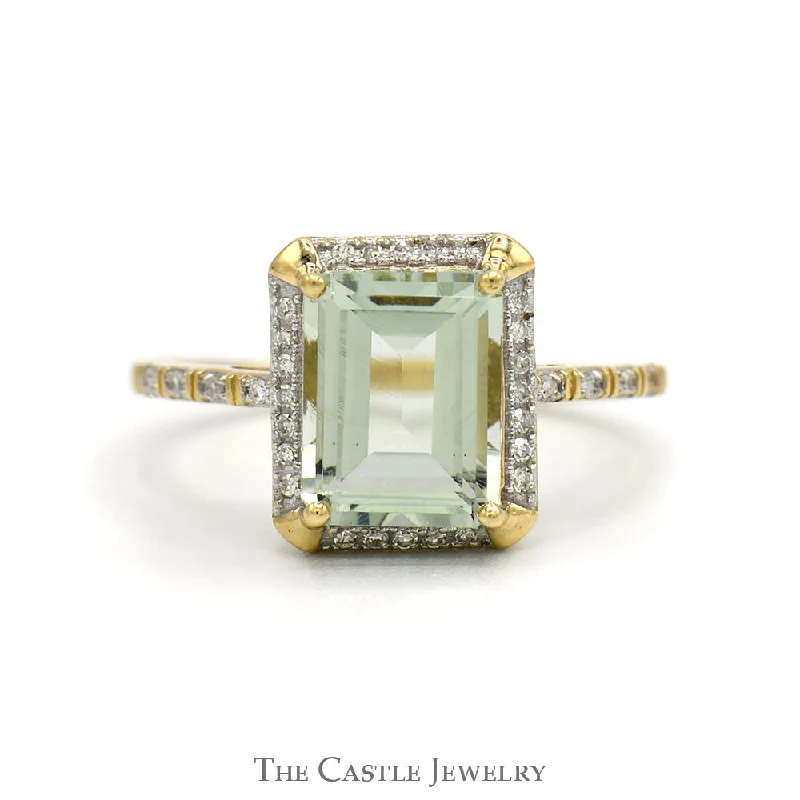 ladies rings for evening glamour -Emerald Cut Green Quartz Ring with Diamond Halo & Accented Sides in 10k Yellow Gold