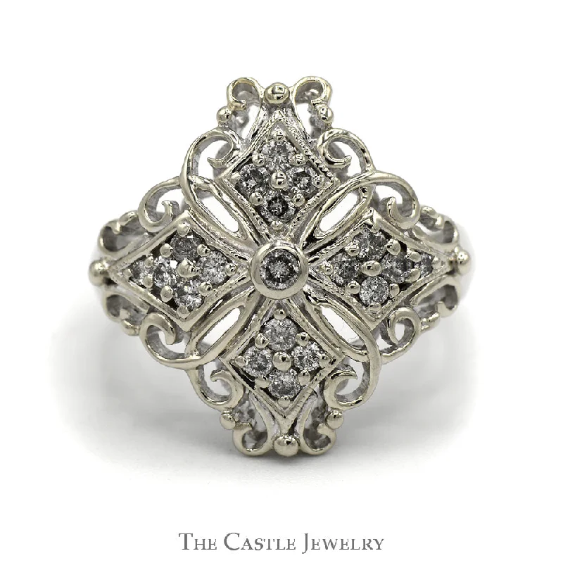 ladies rings eternity band style -Filigree Style .40cttw Diamond Cluster Shield Ring in 14k White Gold