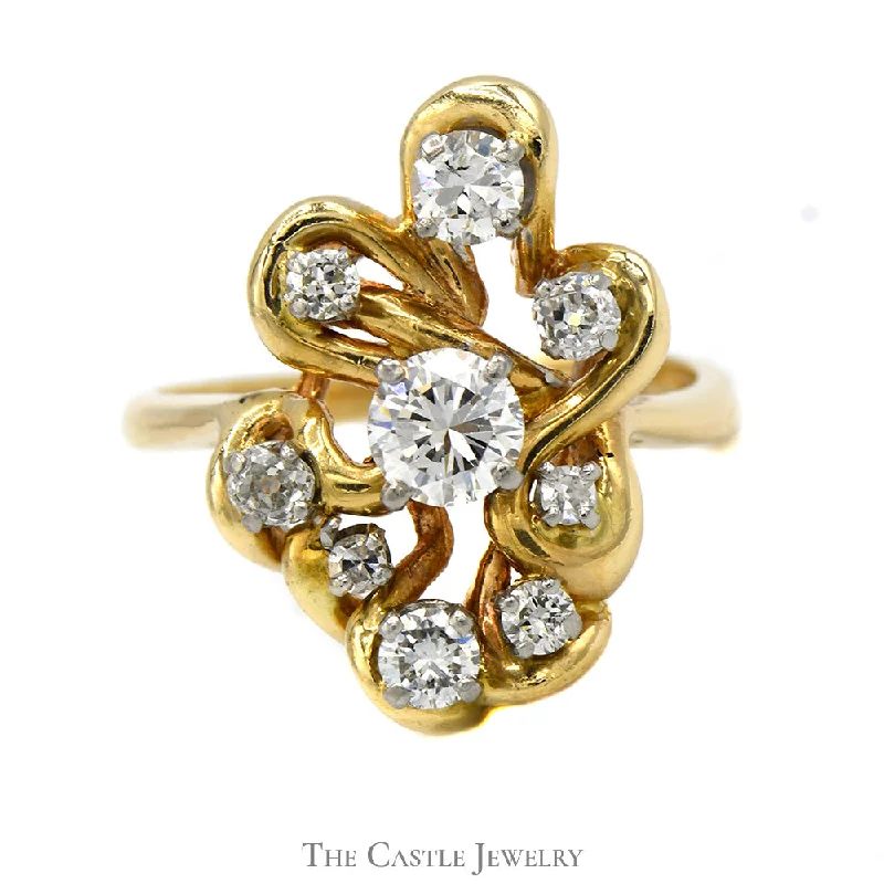 ladies rings classic timeless beauty -1cttw Freeform Diamond Cluster Ring in 14k Yellow Gold