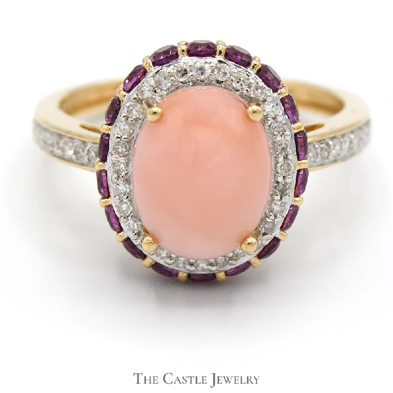 ladies rings with ruby red -Oval Pink Opal Ring with Diamond and Amethyst Halo & Accents in 14k Yellow Gold