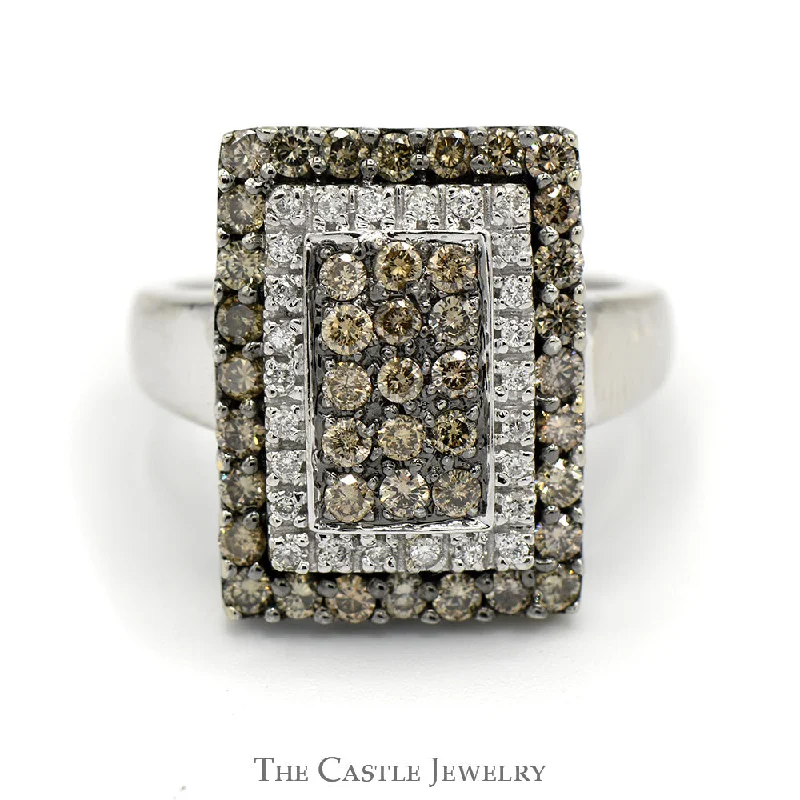 ladies rings lightweight daily comfort -1cttw Rectangular Cocoa and White Diamond Cluster Ring in 14k White Gold