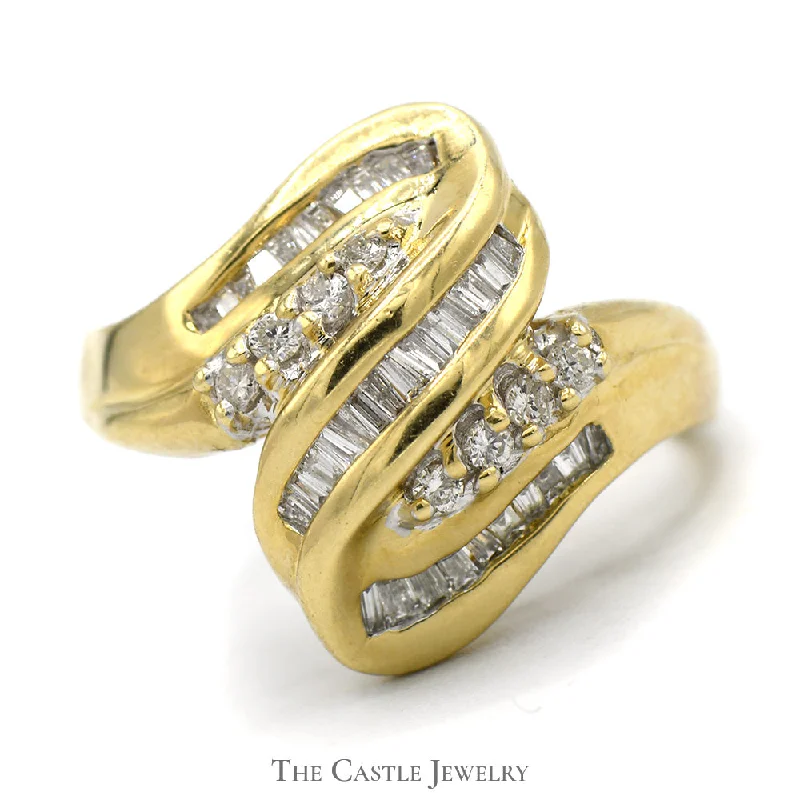 ladies rings stylish affordable -Channel Set Baguette and Round Diamond Swirled Ring in 14k Yellow Gold