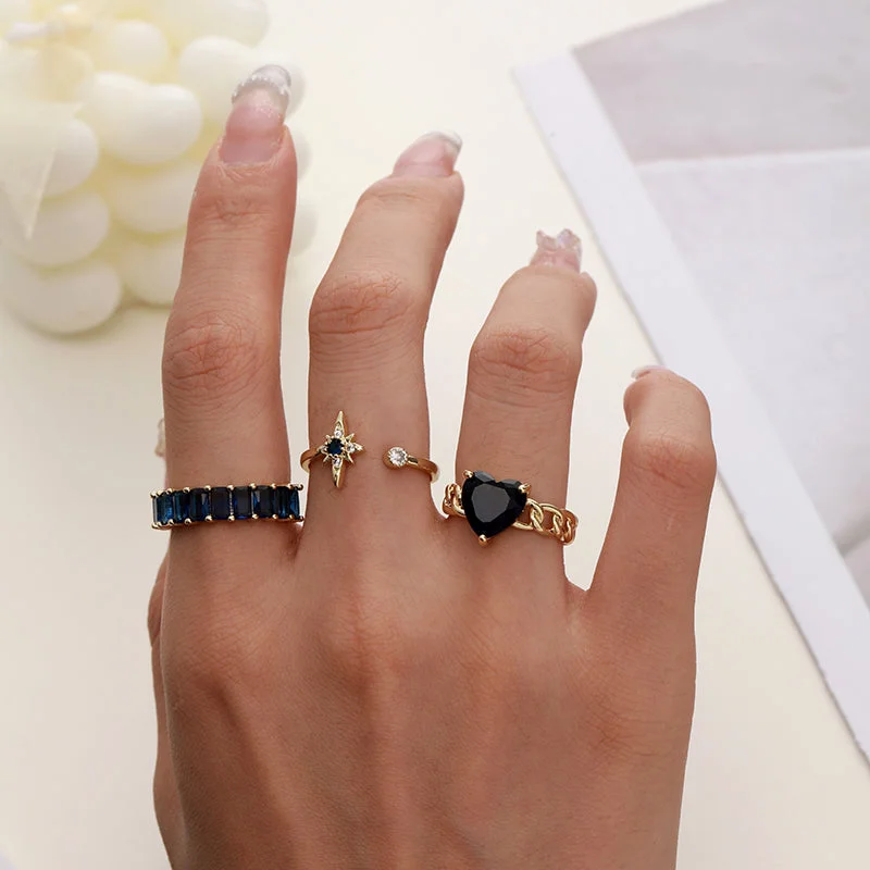 ladies rings handmade unique craft -Streetwear Hexagram Heart Shape Copper Plating Inlay Zircon 18k Gold Plated Open Rings Rings