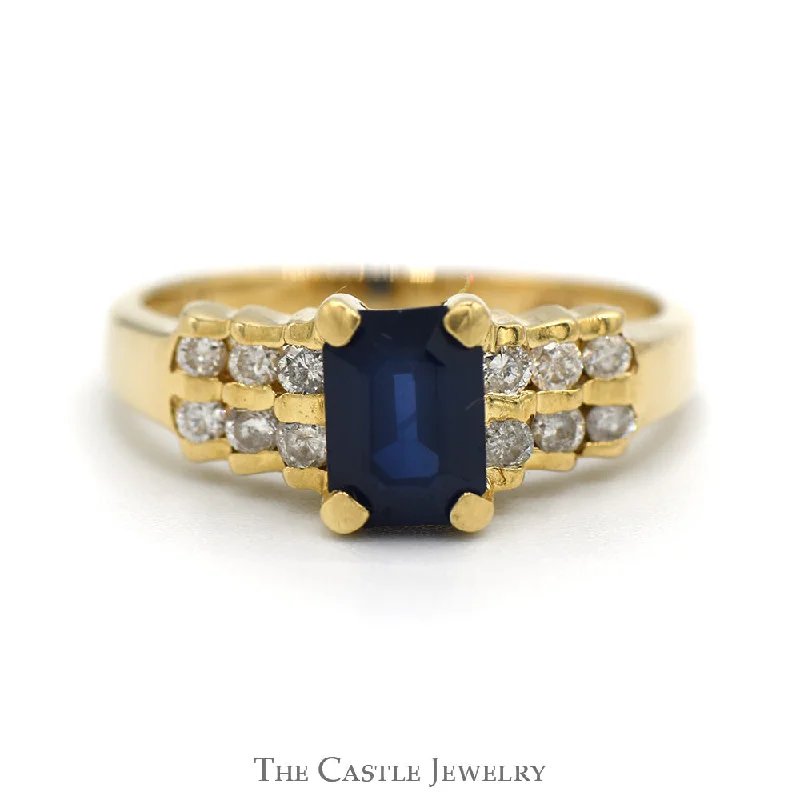 ladies rings silver minimalist style -Emerald Cut Sapphire Ring with Two Rows of Round Diamond Accents in 14k Yellow Gold