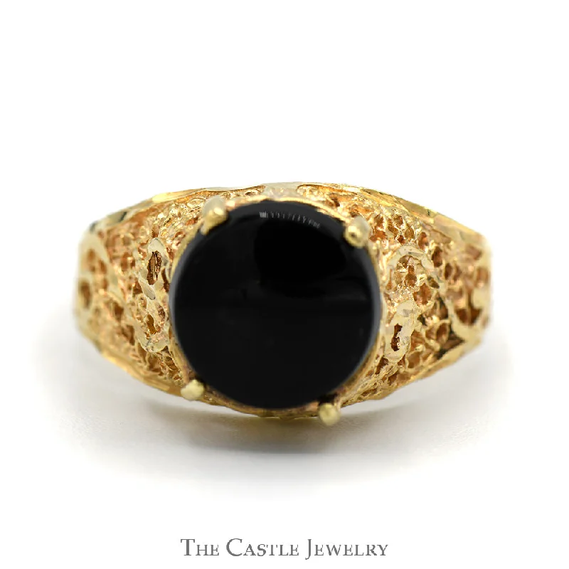 ladies rings simple chic elegance -Round Black Onyx Solitaire Ring with Ornate Open Filigree Sides in 10k Yellow Gold