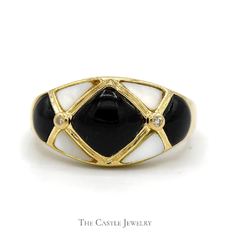 ladies rings trendy 2025 fashion -Mother of Pearl and Onyx Dome Ring with Diamond Accents in 14k Yellow Gold