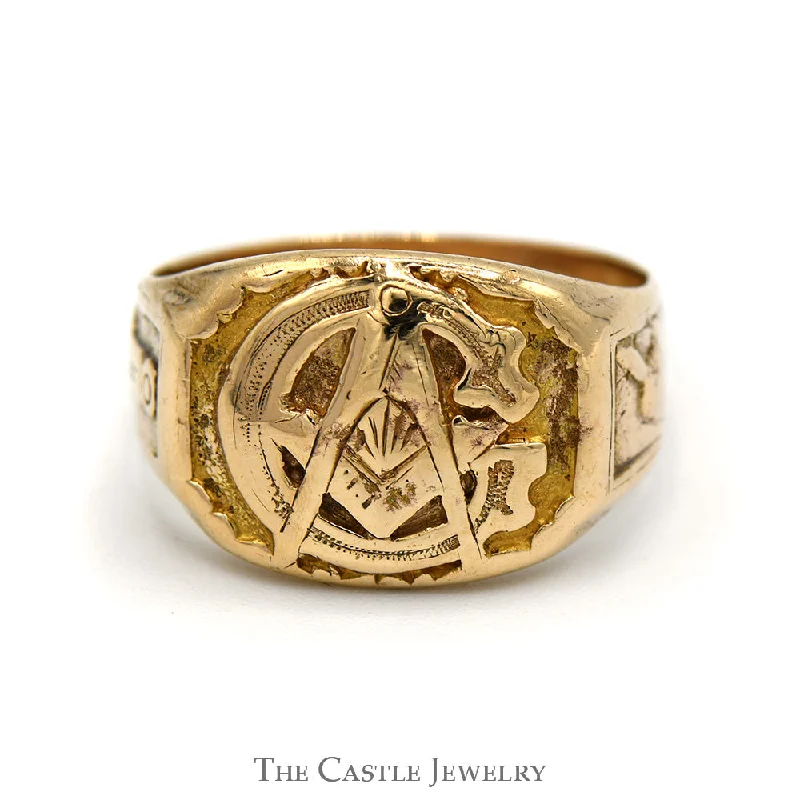 ladies rings trendy minimalist vibe -10k Yellow Gold Square & Compass Masonic Ring with Plumb & Trowel Sides